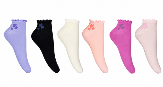 Calcetines Tobilleros Mujer con Volantes y Corazones en Talón – 6 Bipack (12 Pares) Surtido de Colores | Algodón Suave Premium