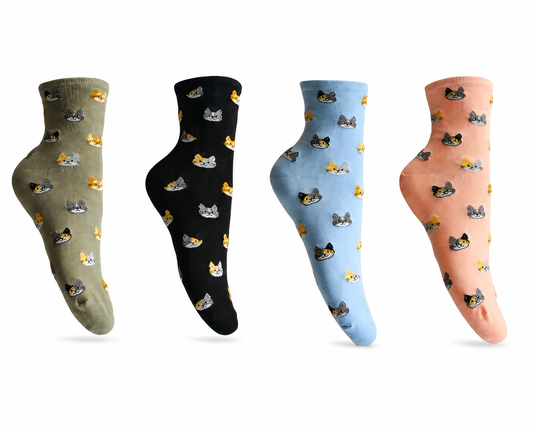Calcetines Cat Print Media Caña Mujer 6 Bipack (12 Pares)– Caritas de Gatos, Algodón Suave y Cómodo